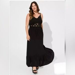 Torrid Sz 6 6X 30 Deep Black Maxi Washable Gauze Lace Inset Dress Sleeveless NWT